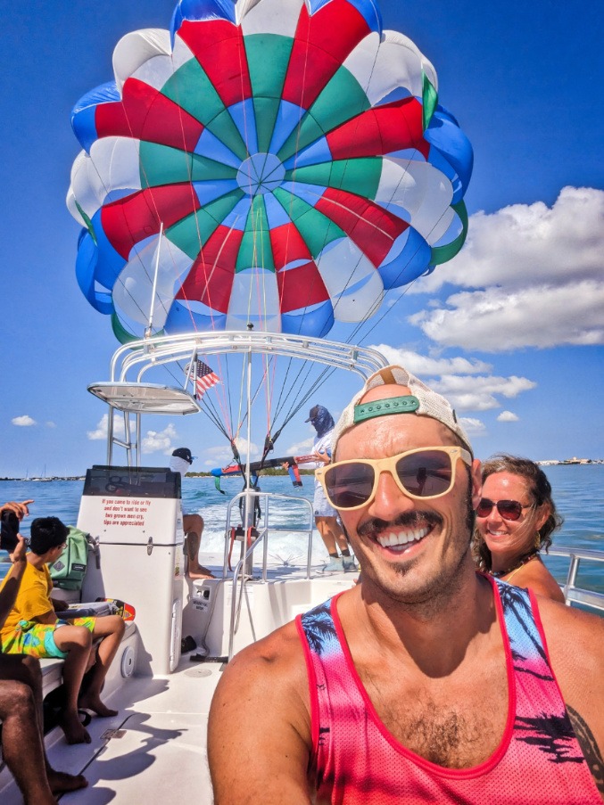 Kelly and Rob Taylor on Sebago Watersports Parasail in Historic Seaport Key West Florida Keys 1