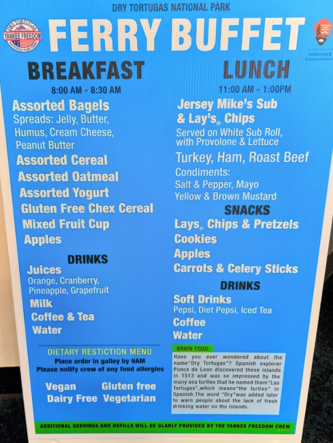 Food menu on Yankee Freedom Boat to Dry Tortugas National Park Key West Florida Keys 1